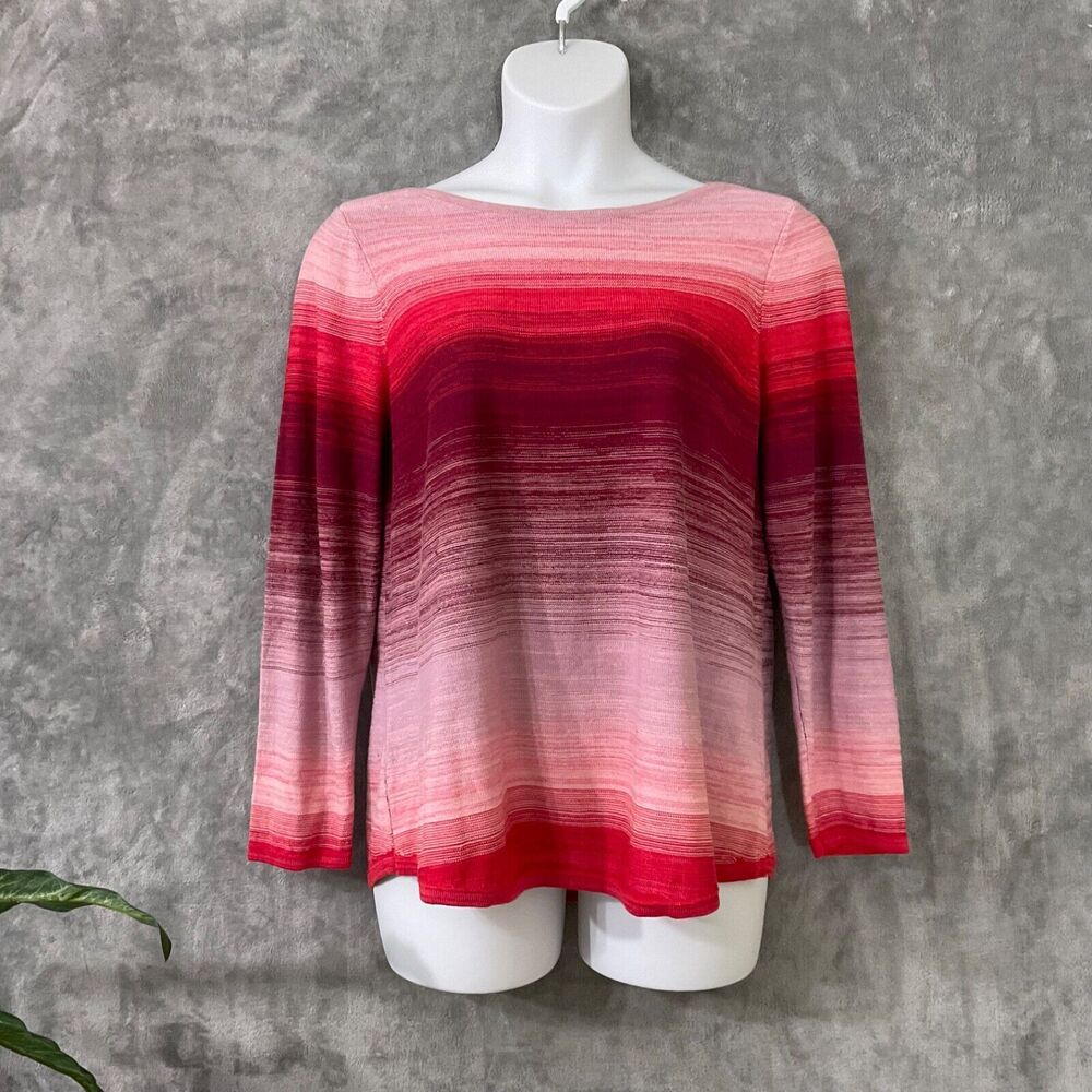 Chico's Pullover Sweater Sz 3/XL Red Pink Ombre Bateau Neck 3/4 Sleeve Beachy